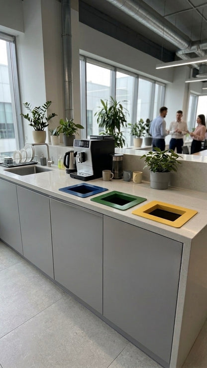 Atliekų rūšiavimo rinkinys: 3 įmontuojami atliekų metimo rėmai, 170×170 mm | Geltona, žalia, mėlyna | 1 mm milteliniu būdu dengtas plienas 