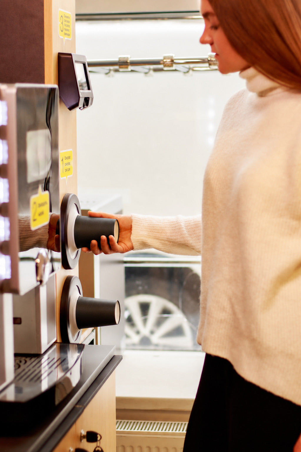 Cup Keeper built-in cup dispensers in a working coffee station